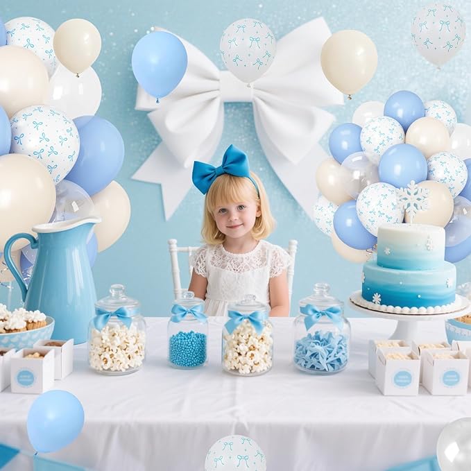 Pastel Blue Bow Balloons Light Pale Blue and White Sand Balloon 12inch Beige Clear Balloons Coquette Birthday Party Decorations Latex Helium Balloon for Arch Bridal Baby Shower Bachelorette Weddiing