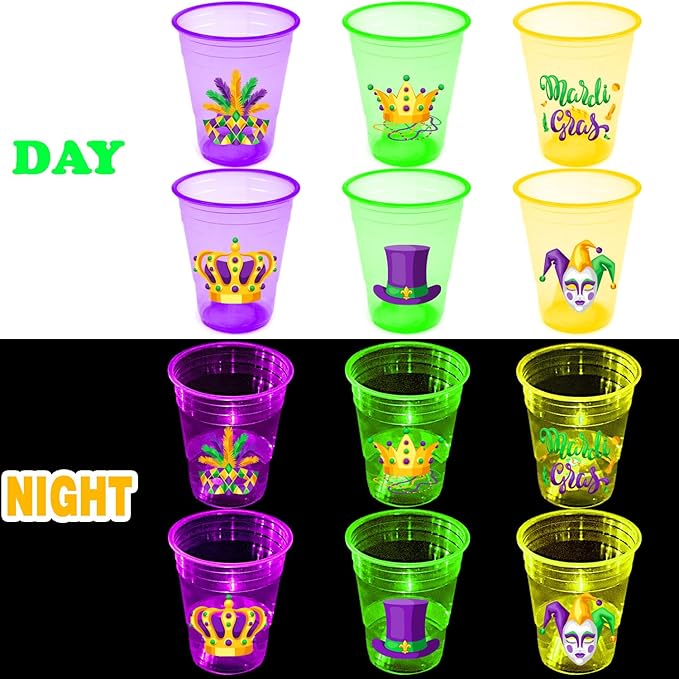 mishunyus 24 Pcs Mardi Gras Glow Cups for Party Theme Mardi Gras Decorations, Party Favors Supplies, Accessories, Carnival Favors, New Orleans Style Party(16 oz)