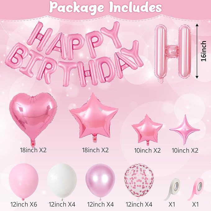 Pink Birthday Decorations for Girls Pastel Light Baby Pink Metallic Whte Confetti Latex Balloon Happy Birthday Banner Heart Foil Balloon 18/10 Inch Star Balloons for Women Bday Party Supplies