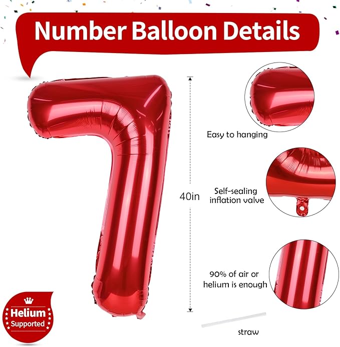 Red Number 7 Balloon, 40 Inch Large Number 0-9 Set with Foil Balloons for Boys Girls 7th Birtyday Party Decoration Anniversary Graduation Celebration New Year Party for Women Men Supplies