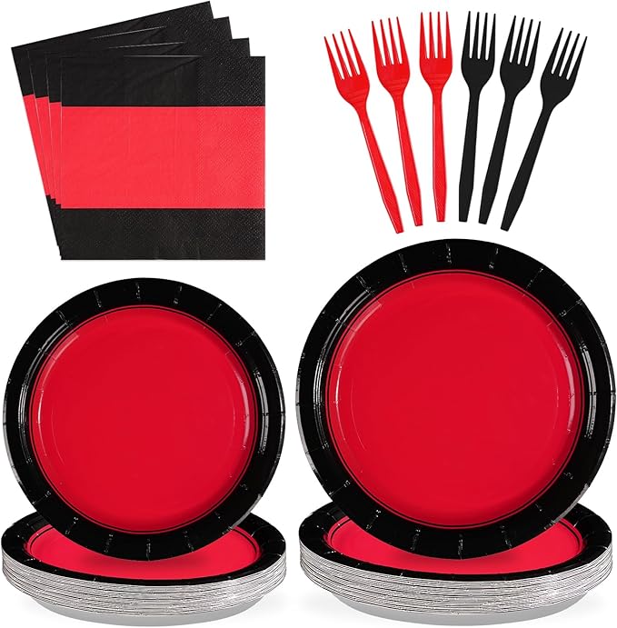 Grencian 96Pcs Red and Black Party Decorations Valentine's Day Red and Black Plates and Napkins Disposable Tableware Set for Birthday Wedding Valentine's Day Party Supplies, Serves 24