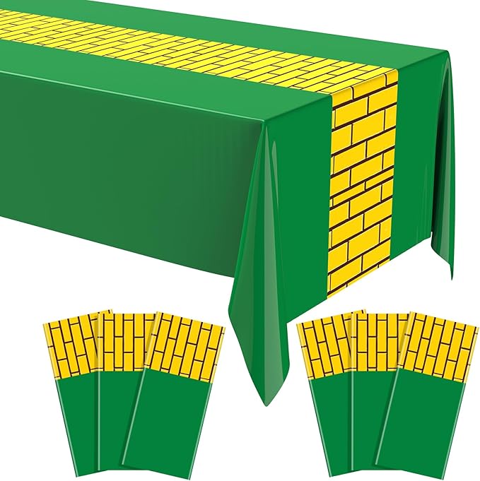6 Pcs Yellow Brick Runner Tablecloth 54 x 108 Inch Brick Wall Backdrop Green Waterproof Rectangle Disposable Cover, Princess Decorations Party Supplies for Carnival Cosplay Party