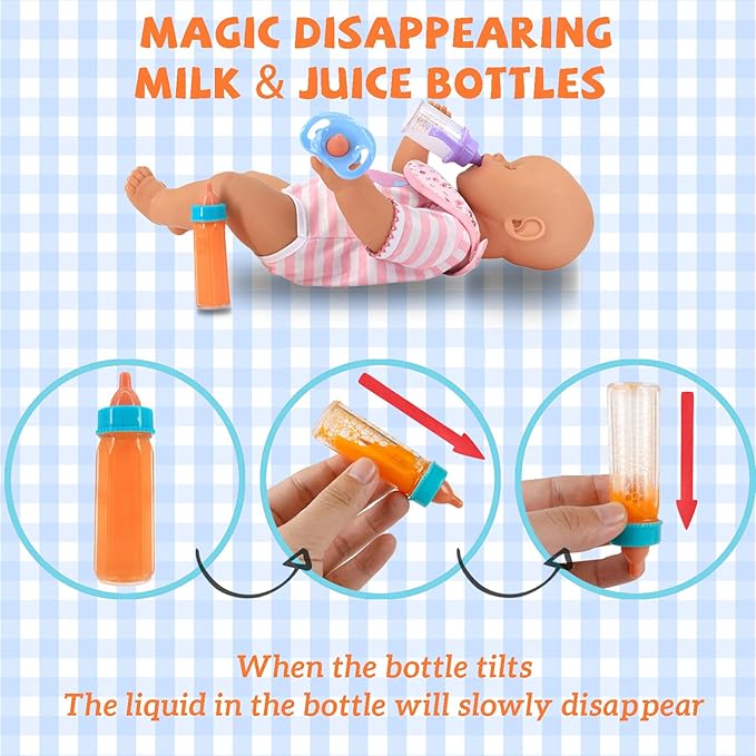 6 Pcs Baby Doll Accessories, 4 Doll Diapers for 14-18 Inch Doll, Magic Disappearing Milk & Juice Bottles with Toy Pacifier for Reborn Baby Doll Diapers and Feeding Bottle Toys Reusable