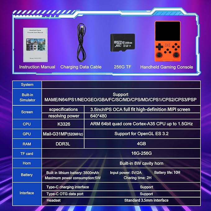 R40S Pro Handheld Game Console, Over 30,000 Pre-Installed Games, More Than 20 Retro Emulator Systems, 3.5 inch IPS Full-View HD Screen，256GB (Yellow)
