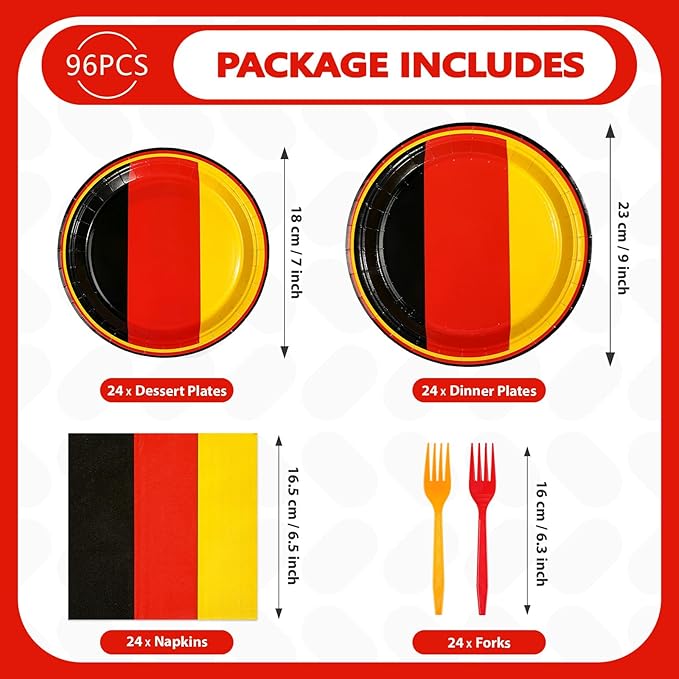 96 Pcs German Flag Party Decorations Disposable Germany Flag Paper Plates and Napkins German National Flag Tableware Set for National Country Decoration Patriotic Festival Party Supplies, Serves 24