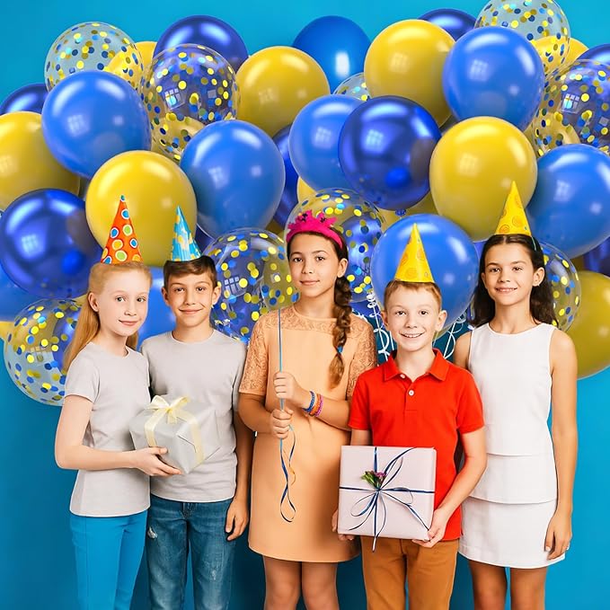 Yellow Blue Balloons, 12 Inches Blue Yellow Balloon Double Stuffed Metallic Blue Balloons with Confetti Ballons for Birthday Graduation Baby Shower Party Decoration