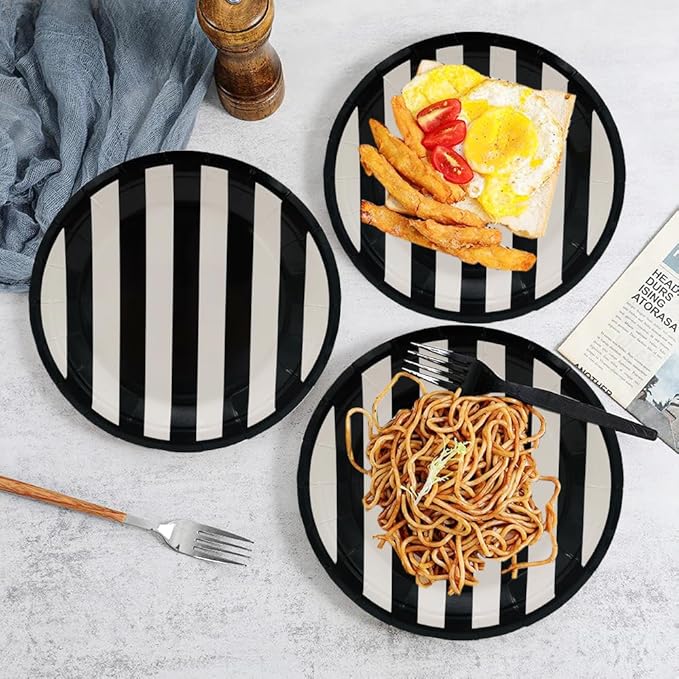 80Pcs Black and White Striped Party Supplies Black and White Party Set 7"Black and White Striped Plates,Black and White Napkins for Black and White Theme Black and White Birthday Decoration |Serves 40