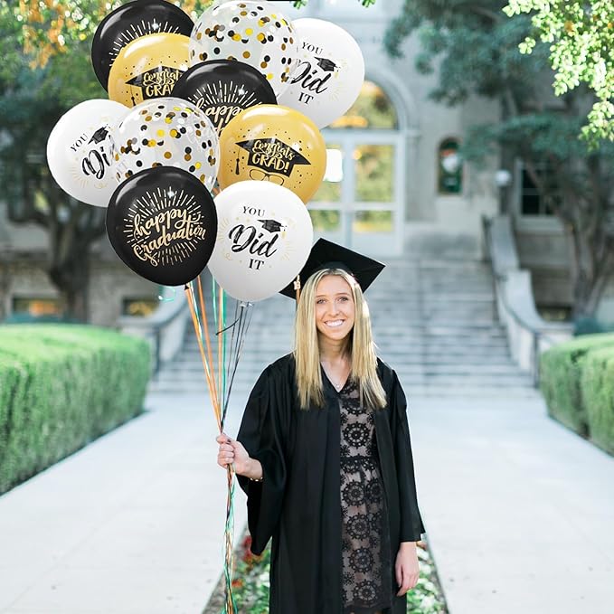 75 Pack Graduation Party Decorations Balloons Set - 12 Inch Black Gold Balloons with Balloon Ribbons for Graduation Party Decoration Supplies