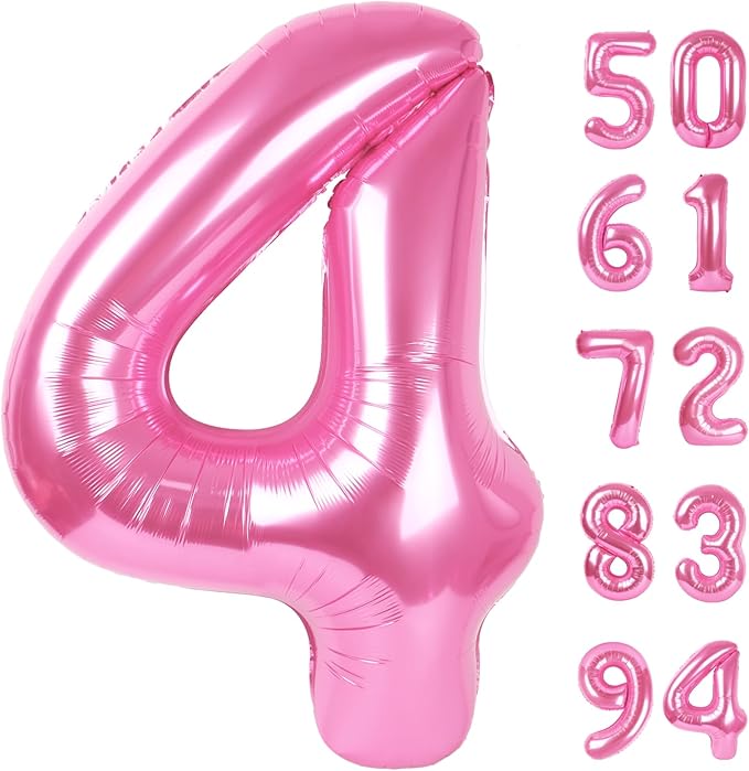 Pink 4 Balloon, Number Balloons 40 Inch, 4th Birthday Decorations for Girls Four Large Numbers for Party Decor, Number 4 Balloon