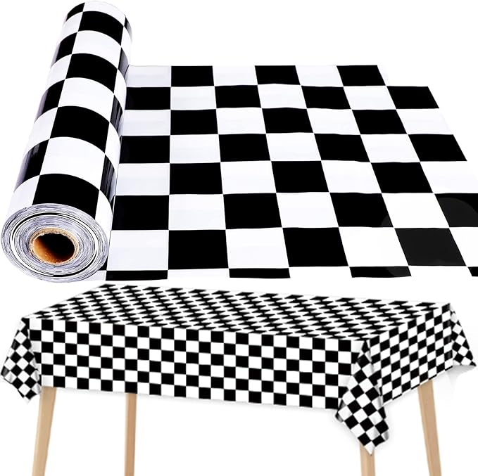 Black and White Checkered Tablecloth Roll 52 in x 100 Ft Black Checkered Party Supplies Race Car Party Tablecloth for Indoor Outdoor Family Banquet Picnic Camping Parties Celebrations (Plastic