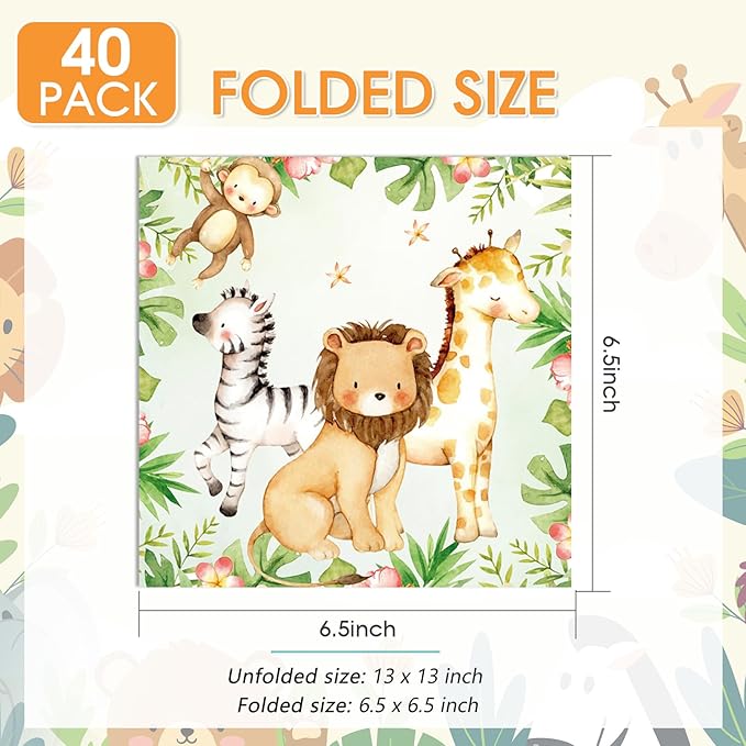 40Pcs Jungle Safari Animal Napkins Woodland Baby Shower Napkins Disposable Animal Napkin for Picnic Dinner Woodland Baby Shower Decorations Party Supplies