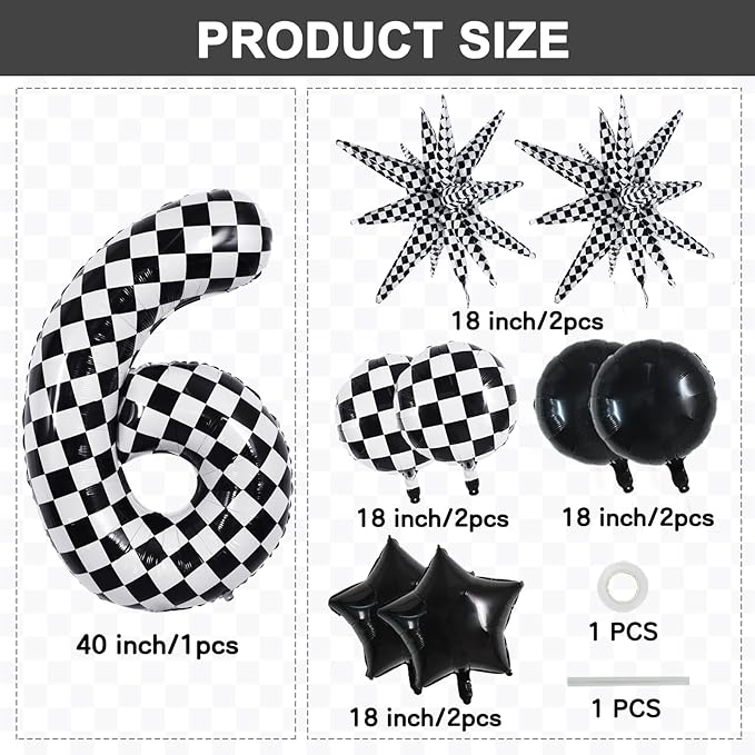 TONIFUL 40 Inch Checkered 6th Birthday Balloons Set Number 6 Race Car Black White Checkered Round Explosion Star Balloons Boys Race Car Themed Birthday Party Decoraction