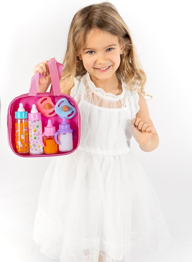 fash n kolor® My Sweet Baby Disappearing Doll Feeding Set, Baby Care 6 Piece Doll Feeding Set - for Toy Stroller | 2 Milk & Juice Bottles with 2 Toy Pacifier for Baby Dolls Set - Kids Gift Set
