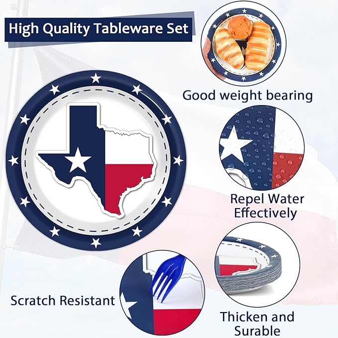 gisgfim 96Pcs Texas State Flag Party Supplies Paper Plates Napkins Texas State Theme Party Tableware Set Texas State National Party Decorations Favors for Family Gathering Dining Serves 24