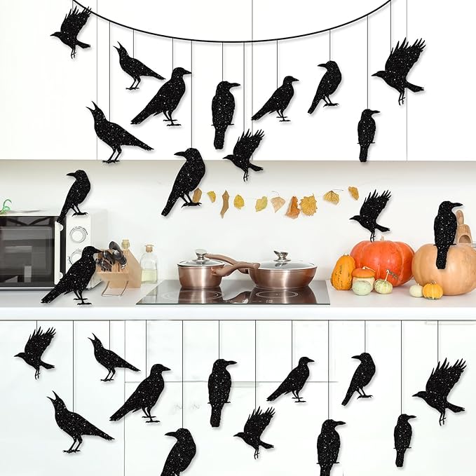 40pcs Glitter Black Crow Halloween Decorations Bird Raven Hanging Banners for Gothic Halloween Garland Backdrop Centerpiece Wall Cutouts for Horror Theme Birthday Wedding Yard Party Supplies