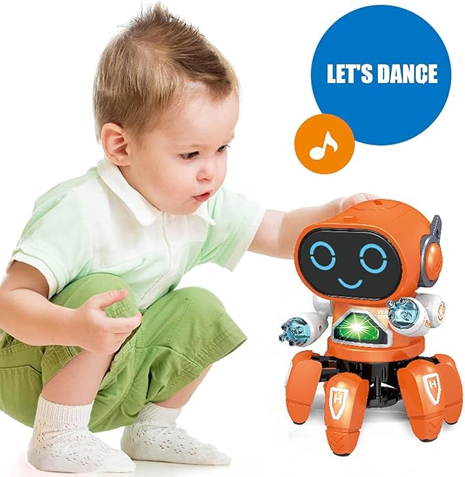 Remote Control Dancing Robot Toy with LED Lights and Music, Orange Electronic Interactive STEM Educational Gift for Kids 6-9 Years