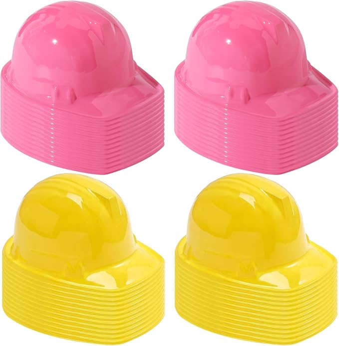Sumind 48 Packs Construction Party Hats Kids Plastic Worker Helmet Bulk Toy for 3-8 Years Children Dress up Party Supplies (Pink, Yellow)