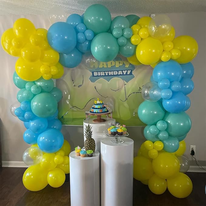 Yellow Blue Clear Balloons 12 Inch 60 Pcs Blue Cartoon Balloon Teal Blue and Yellow Party Latex Balloons Transparent for Kids Birthday Ocean Baby Shower Party Decorations