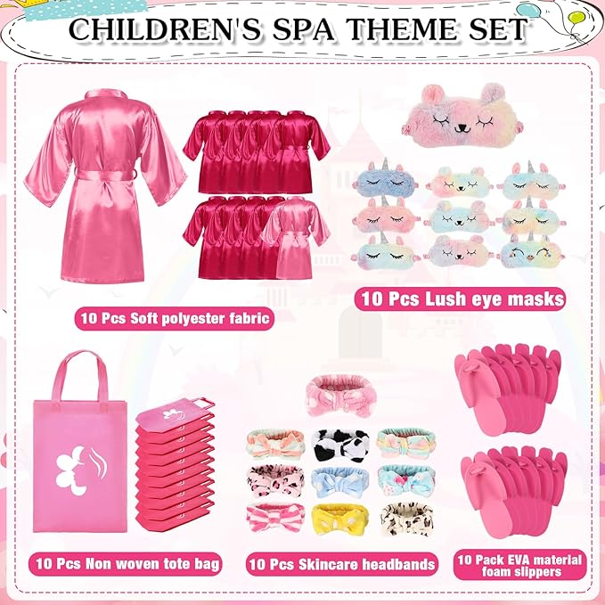 Bonuci 50 Pcs Spa Party Supplies for Girls, 10 Satin Robe 10 Kids Slippers Sleepover Birthday Spa Party Favors