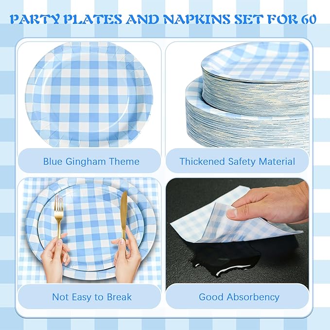 180Pcs Blue Gingham Party Supplies Paper Plates and Napkins Serve 60 Disposable Tableware Set for Birthday Party Decorations Game Day Family Holiday Sports Events