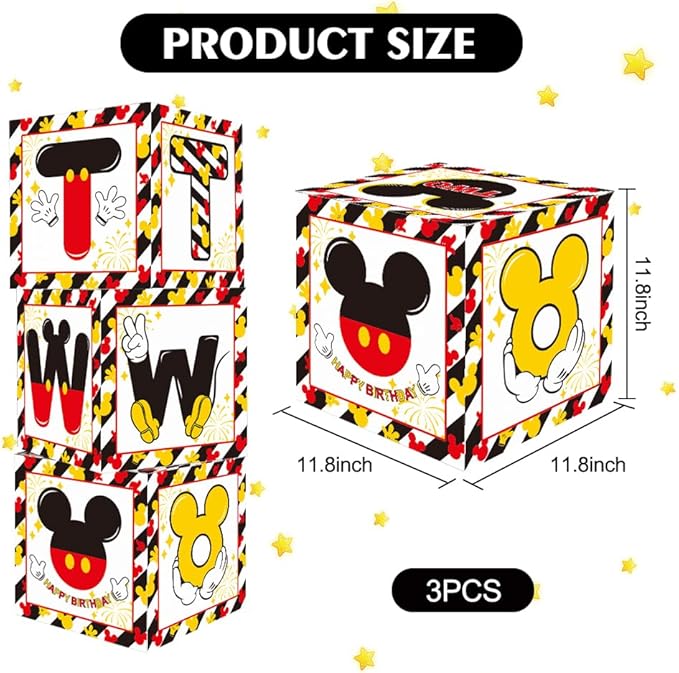 TONIFUL Mouse 2nd B-Day Party Supplies Red Yellow Black Balloon Box with Letters, Red Mouse Theme TWO Years Old Birthday Party Favors for Second Birthday Decoration