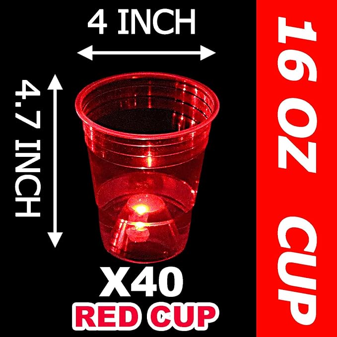 mishunyus Glow in The Dark Red Party Cups 40 Pack (16 oz) - LED Light Up Plastic Cups for Birthday Weddings BBQ Beach Holiday Decorations, Reusable Drinking Cups for Club Events & Nighttime