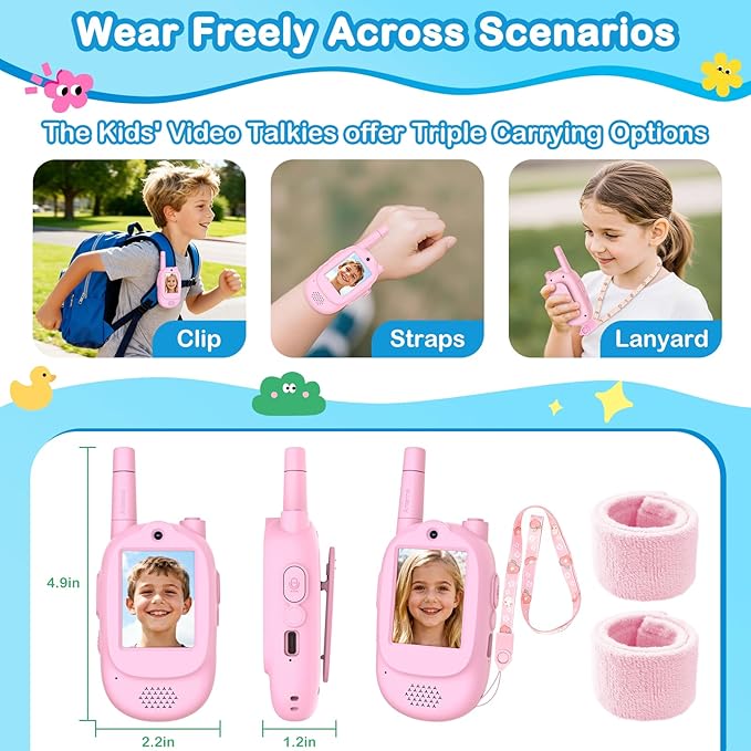 Video Walkie Talkies for Kids, 2 Pack Rechargeable Real-Time Video Chat & Voice Changer Walkies Talkies with Watch Straps, Long Range Family Games, Outside, Gifts for Boys Girls Ages 3-12 Pink