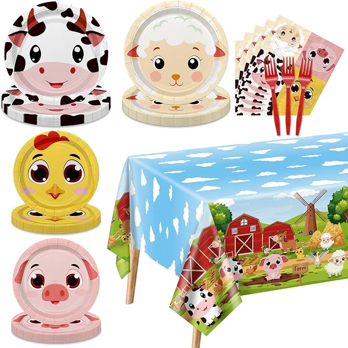 Farm Birthday Party Plates Set for 20 Guests, Including Animals Tablecloth, Napkins, Forks and Plates for Baby Shower Farm Birthday Decorations