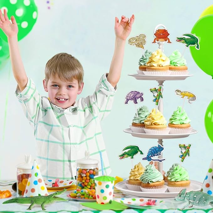 WERNNSAI 35 PCS Reptile Cupcake Toppers - Reptile Birthday Party Decorations for Kids Boys Snake Frog Cake Toppers Reptile Party Leopard Gecko Dessert Cake Insert Jungle Camping Cupcake Supplies