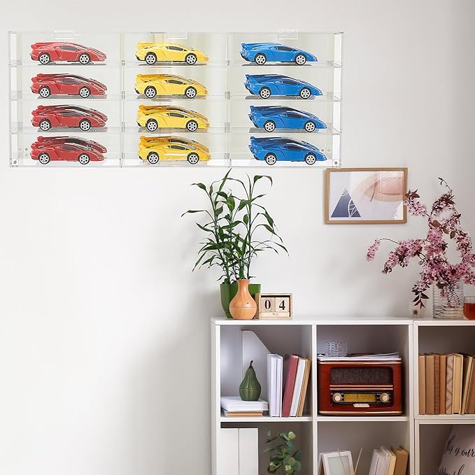Juexica Clear Acrylic Toy Car Display Case 1: 24 Scale Diecast Display Box Wall Mounted Shelf for Storage Toy Car Mini Model Race(12 Grids)
