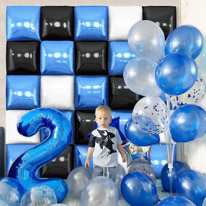 Black Blue White Square Foil Balloon Wall,25Pcs Double Sided Foil Balloons Backdrop Helium Polyester Tunnel Arch Garland Kit for Birthday Bridal Anniversary Baby Shower Party Decorations