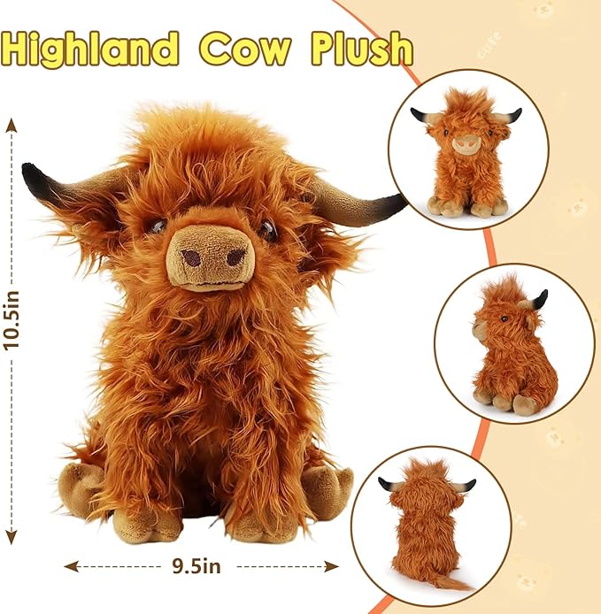 OROZCOR Highland Cow Stuffed Animal, Cute Fluffy Cow Plush Figure Toys,Realistic Farm Highland Cattle Plush Decor Gifts for Kids Baby Girls Boys (Brown Highland Cow)