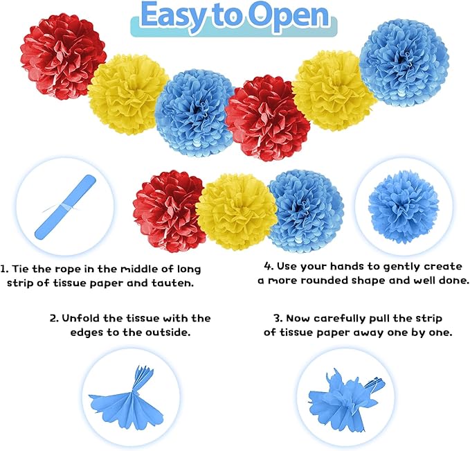 Red Yellow Blue Birthday Decoration,Blue Sky White Clouds Party Supplies,Include Balloons Happy Birthday Banner Fringe Curtain Tissue Paper Pompoms Garland