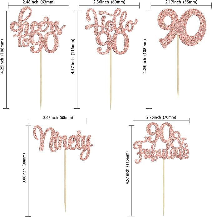 Gyufise 30pcs Happy 90th Birthday Cupcake Toppers - Rose Gold Glitter Ninety Cheers to 90 Years Old Cupcake Picks for Anniversary Party Cake Decorations