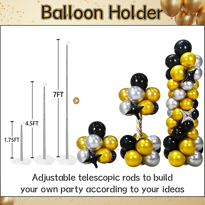 Fineclutter Balloon Column Kit Set 2 Tower Stand, Birthday Party Decoration Gold Black Silver Balloons 150PCS