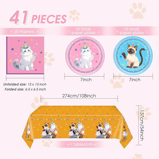 41Pcs Pet Cat Birthday Party Decorations,Colorful Kitten Birthday Plates and Napkins,Cat Party Table Covers Disposable Pet Dinnerware Decor Set for Girls' Kid’s Cats Themed Birthday Parties Supplies