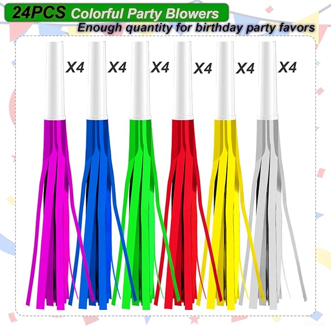 24PCS Bulk Party Blowers & Colourful Noise Makers - Fringed Glitter Party Horns Whistles for Birthday Graduation Christmas New Year - Premium Party Supplies (Mixed Colors)