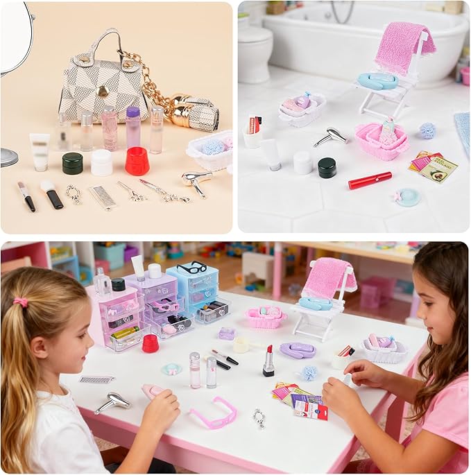 77Pcs Dollhouse Bathroom Accessories Set - Miniature Makeup & Toiletries with Storage Cases, Handbag, Hair Dryer - 1:12 Scale Doll House Decor for Girls