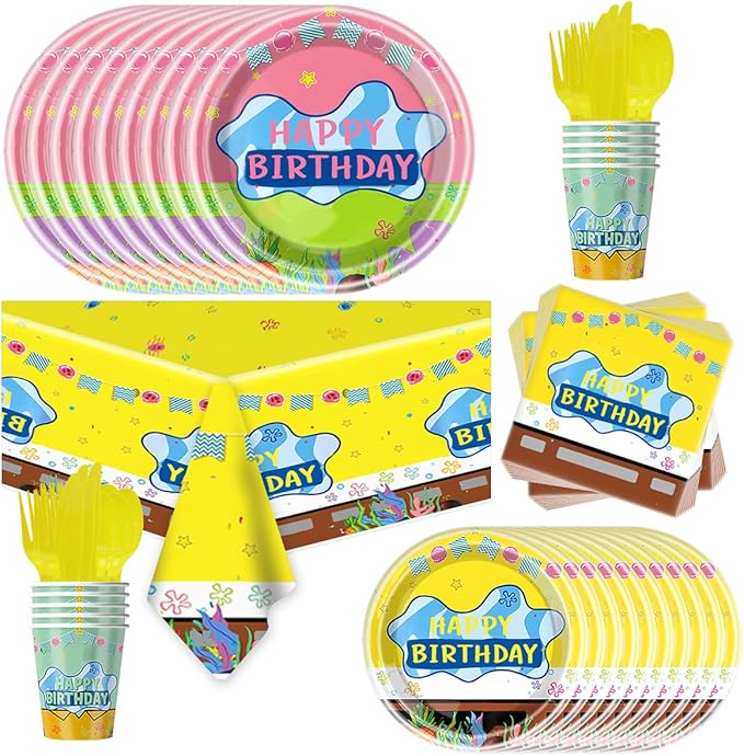 81pcs Yellow Cartoon Party Supplies Tableware Plates Napkins Cups Fork and Tablecloth，Yellow Theme Birthday Party Decoration
