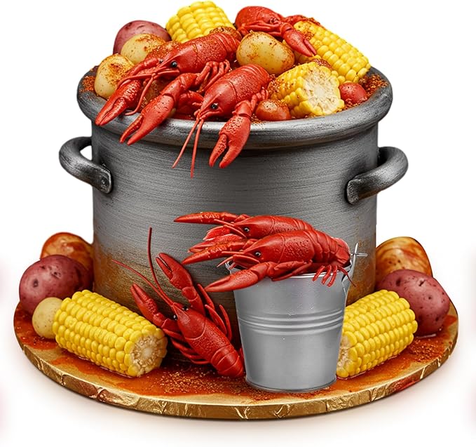 13 Pcs Crawfish Boil Party Supplies Fake Crawfish Party Decorations Lobster Cake Toppers Plastic Crayfish Potato Corn Metal Pail for Lobster Theme Birthday Festival Potluck