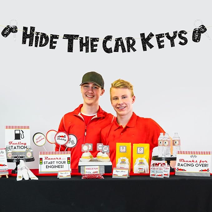 Pre-Strung Funny Birthday Decorations, NO DIY Glitter Hide The Car Keys Banner, 15th and 16th Car Theme Party Supplies, Sweet Sixteen 16 Year Old Birthday Gifts Ideas