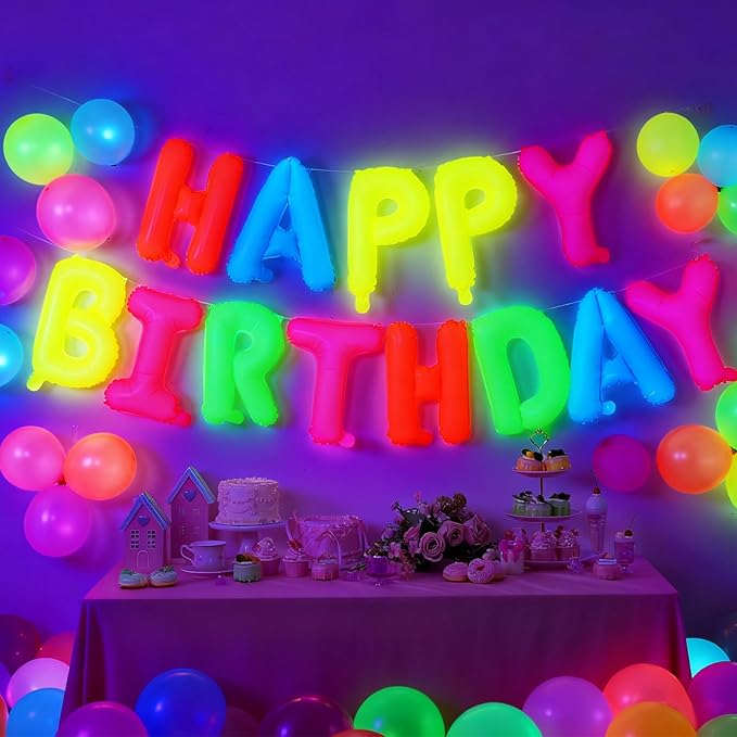 43 Pcs Neon Birthday Party Decorations Glow in The Dark Party Supplies Happy Birthday Neon Decorations Glow in The Dark Balloons Neons Fluorescent Balloons for Birthdays Wedding Decor