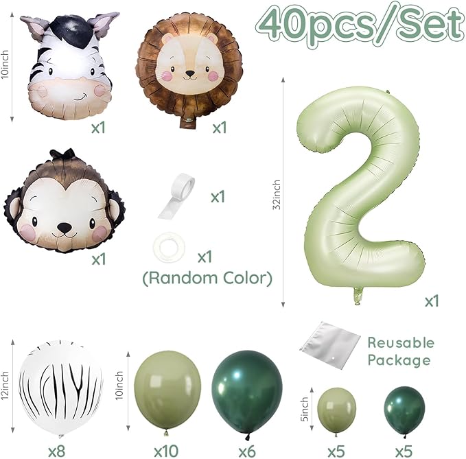 Jungle Safari Birthday Balloons,Olive Green Animal Balloons Zoo Theme Decoration for Safari Birthday Wedding Shower Party Decorations (Number 2)