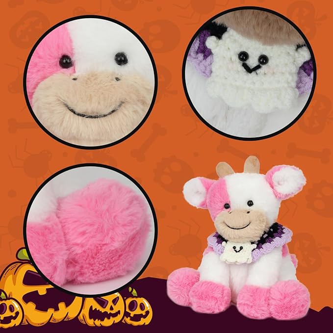 Hopearl Adorable Halloween Plush Cow Toy with Knitted Cute Ghost Bib Floppy Dairy Cattle Soft Stuffed Animal Gifts for Boys Girls Kids Toddlers, Pink, 9''