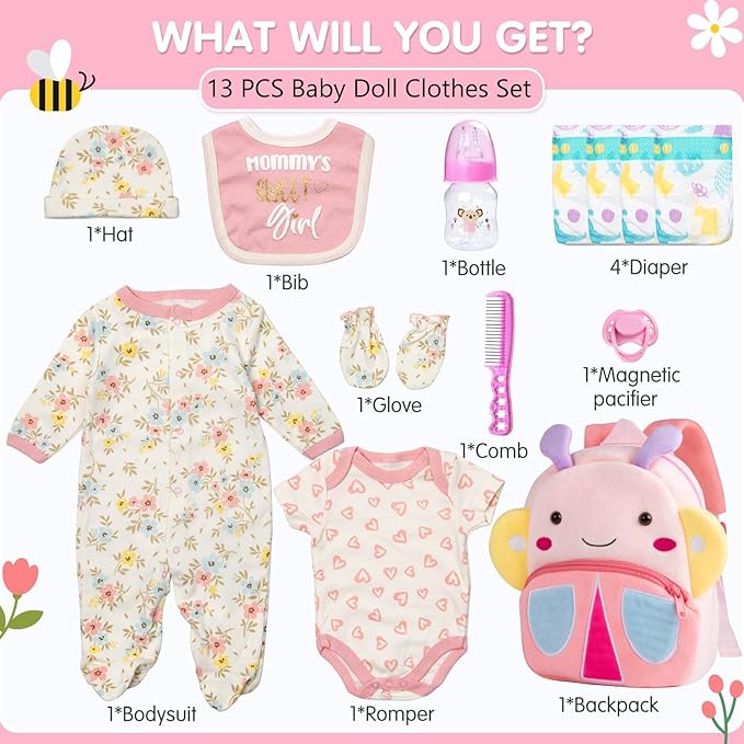13 Pcs Reborn Baby Doll Clothes Pink Flower for 18-22 Inch Reborn Newborn Dolls Clothes Accessories Lovely Backpack Diapers Sets