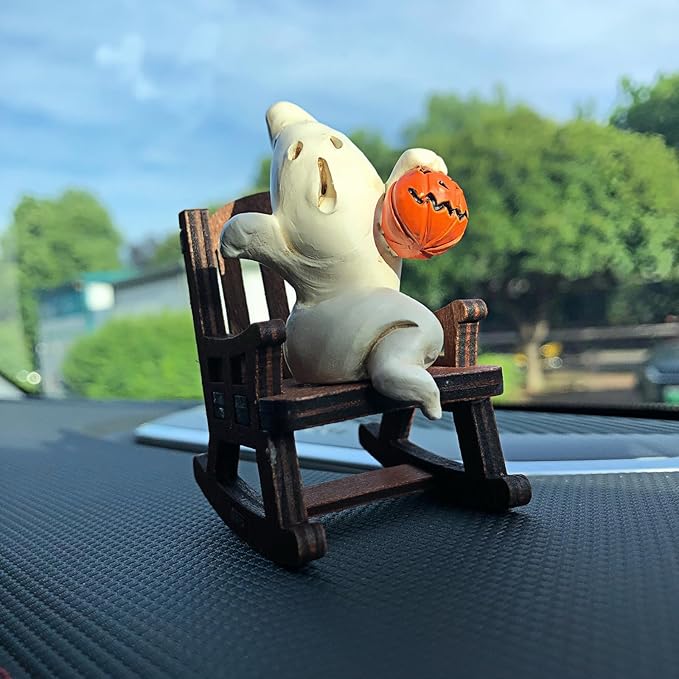 Funny White Pumpkin Ghost on Rocking Chair Statues Figures Ornaments for Car Dashboard Decorations Accessories Interior Dash Board Charms Birthday Cake Toppers Decoration Desk Decor