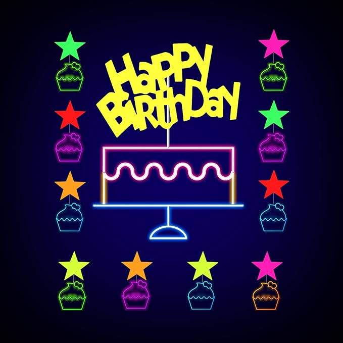 Glow Neon Party Supplies Glow Bar Banner Fluorescent Balloons Yellow Happy Birthday Cake Toppers Star Cupcake Toppers Fluorescent Table Tent Cards for Birthday Party