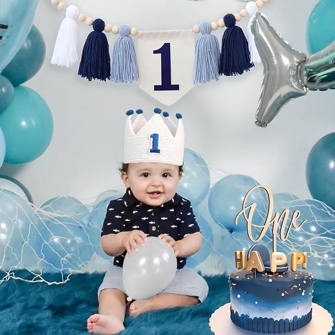 Baby Boy Blue White 1st Birthday Highchair Banner Wood Bead Tassel Garland Crown Hat Wooden Cake Topper Photo Backdrop