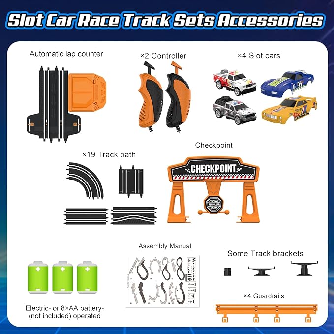 Slot Car Race Track Sets for Boys, Race Car Track with 2 High-Speed Slot Cars, Battery or Electric Car Track, Dual Racing Game Lap Counter Track Sets, Toys Gifts for Boys Girls Ages 4 5 6 7 8-12
