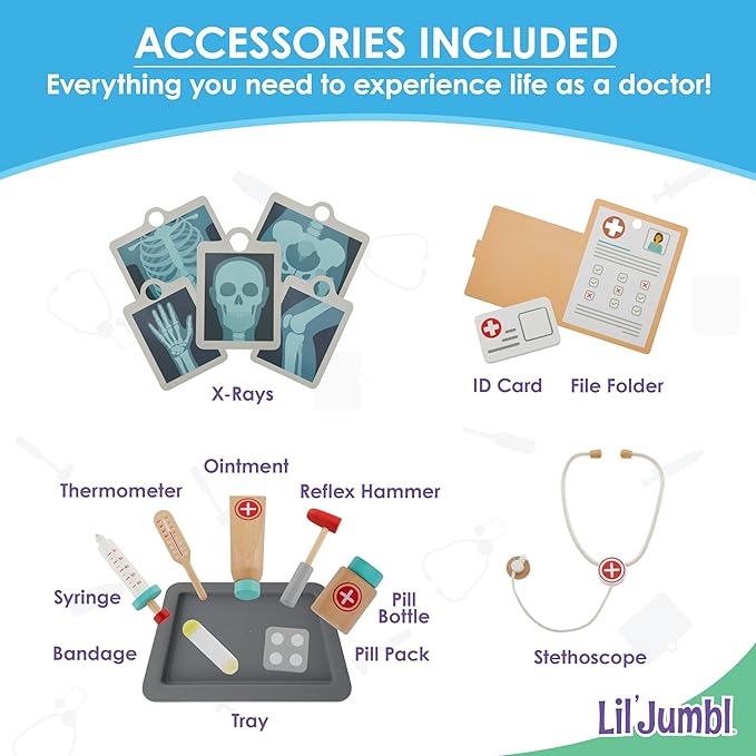 Lil’ Jumbl Wooden Doctor Playset, Multi-Sided Medical Office Activity Center with Exam Room, Check-in & Waiting Areas, Toddler Playset, Doctors Office Pretend Play